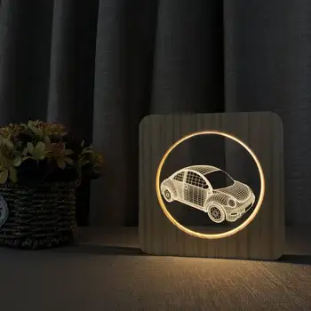 Auto Design 3D Lemn Acrilice Lampă Lumina de Noapte din Lemn 3D LED Masă Lampă Alb Cald Decorare Dormitor Creative de Crăciun, Ziua de naștere a G