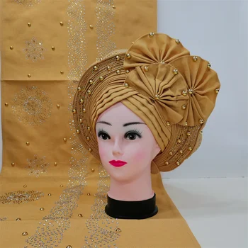 De Înaltă Calitate Din Africa Nigeria Unic Headtie Cu Șal De Flori Cu Pietre Margele Bentita Turban Cap Eșarfă Vin Deja Legat! 2 buc