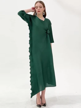 Delocah De Înaltă Calitate Femei De Vară De Moda Pistei Asimetric Rochie Maneca Jumătate Drapat Bodycon Plisata Verde Imprimare Rochii Midi
