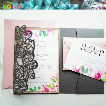 DIY customzied 10buc lotus carte de invitație buzunar tri-design pliabil+tipărite introduce cardul sclipici card+tipărite rsvp+plic