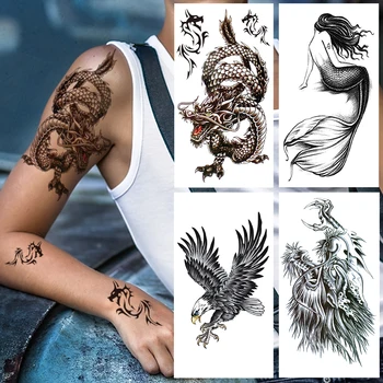 Dragon Feroce Fals Tatuaj Temporar Pentru Barbati Femei Negru Sirena Tatuaje Autocolant Geometrice Vultur Transfer De Apă Tatoo Banderole