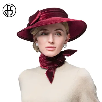 FS Lux Elegant de Pălării de Vin Roșu Pleuche Pălării Pentru Femei Cu Bowknot Largă Refuz Formal Kentucky Capac Doamnelor Cocktail Fedoras