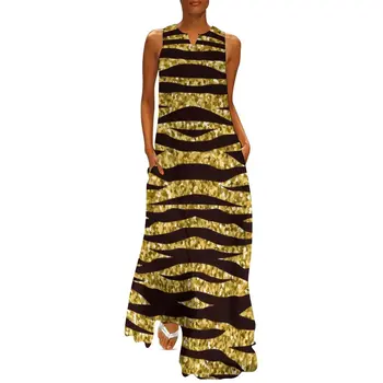 Golden Tiger Stripes Rochie Animal Print Piele Drăguț Maxi Dress V Gâtului Model Boho Plaja Rochii Lungi Estetice Supradimensionate Vestido