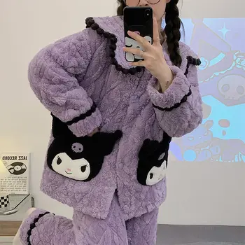 Kawaii Sanrios Kuromi Cinnamoroll Coral Fleece Pijamale Femei Toamna Iarna Trei Straturi Plus de Catifea Groasă Homewear Anime Cadou