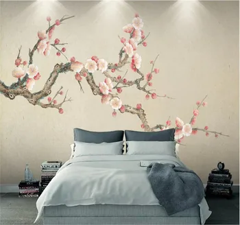 Mare personalizate acasă decorare tapet mural plum blossom de mână-pictat flori și păsări de fundal de perete