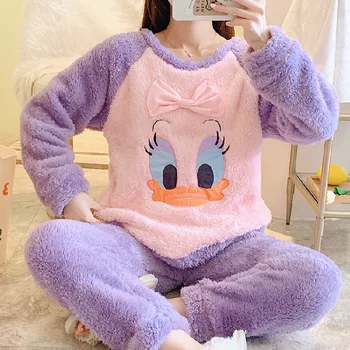 Mickey, Donald Duck Pijamale de Iarna pentru Femei Coral Fleece cu mâneci Lungi Îngroșat Fleece Cald de Desene animate Disney Casual, Haine de Acasă