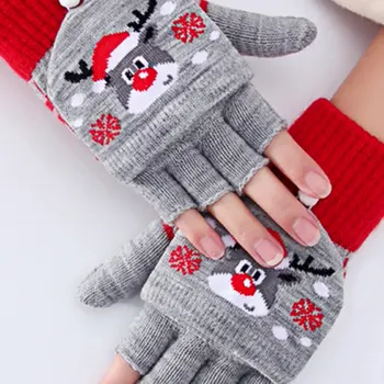 Mănuși de Iarnă pentru Femei Deget și Jumătate Plus Clapa Îngroșat Cald Tricotat de Craciun Desene animate Drăguț Deschide Deget Mănuși
