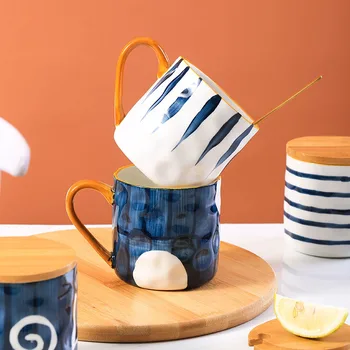 Pictate manual Japonez Ceramice Cana de Cafea Drinkware cu Capac Lingura de uz Casnic micul Dejun Lapte Drăguț Apă Cana Kawaii Cești de Espresso
