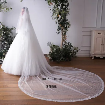 Poze reale Alb/Fildeș Nunta 3.5 m lungime Pieptene Scurt Dantelă Voal de Mireasa Accesorii de Nunta Veu De Noiva În Stoc