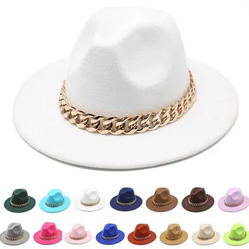 Pălărie de Femei pe cap de Jazz Lanț de Aur Pălării de Lână simțit Plajă, Pălării de Iarnă Femei Bărbați Trilby Derby Capace de Culori Solide Domn Pălărie