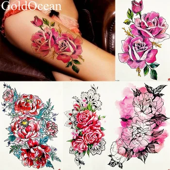 Roz Flash Lotus Tatuaje, Autocolante Femei Brațul Picioarele Flori Henna Tatuaje Temporare Gât Petrecere Transfer De Apă Prune Tatuaje Consumabile