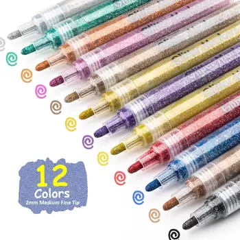 Sclipici Markeri Stilou 12 Culori 3mm Glitter Vopsea Metalizata Pixuri pentru Copii Adulți Felicitare, Artă, Desen, Pictură pe Piatră, Postere