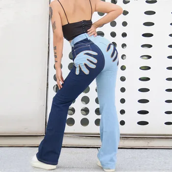 SEZOANE de Moda Pantaloni din Denim Asimetric Cusaturi de Culoare Palma Arta Print Pantaloni Casual Femei Stil Stradă Uzura ASPA83833
