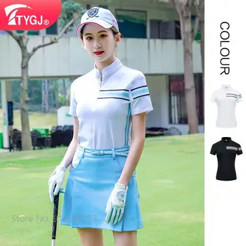 TTYGJ Vara Femei Golf tricouri Femei Uscat Rapid Tricouri de Golf Doamnelor Maneca Scurta Mozaic Topuri Zip Guler de protecție Solară Bluza