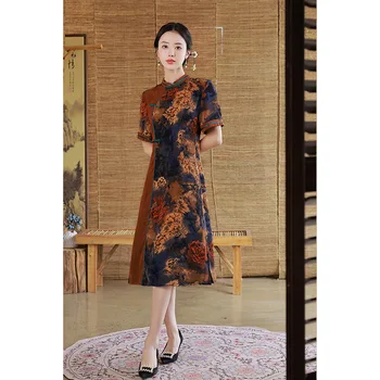 Vara Despicare Satin Imprimat Shoet Mâneci O-Linie Cheongsam Tradiționale Mandarin Guler Qipao Retro Chineză Femei Rochie