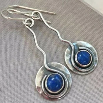 Vintage Handmade din Metal Îndoire Cercei Lungi pentru Femei Puk Lapis Lazuli Albastru Stone Circle Cercel Brincos Boho Gotic Bijuterii